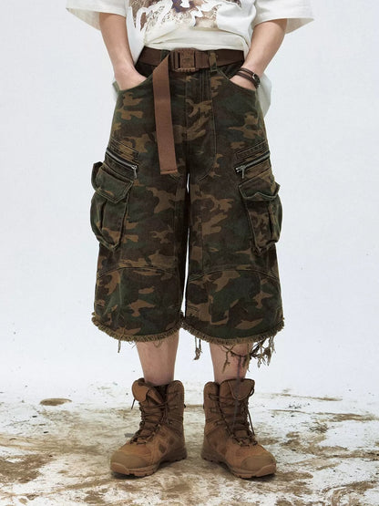 Camouflage Raw Edge Straight Work Cropped Pants