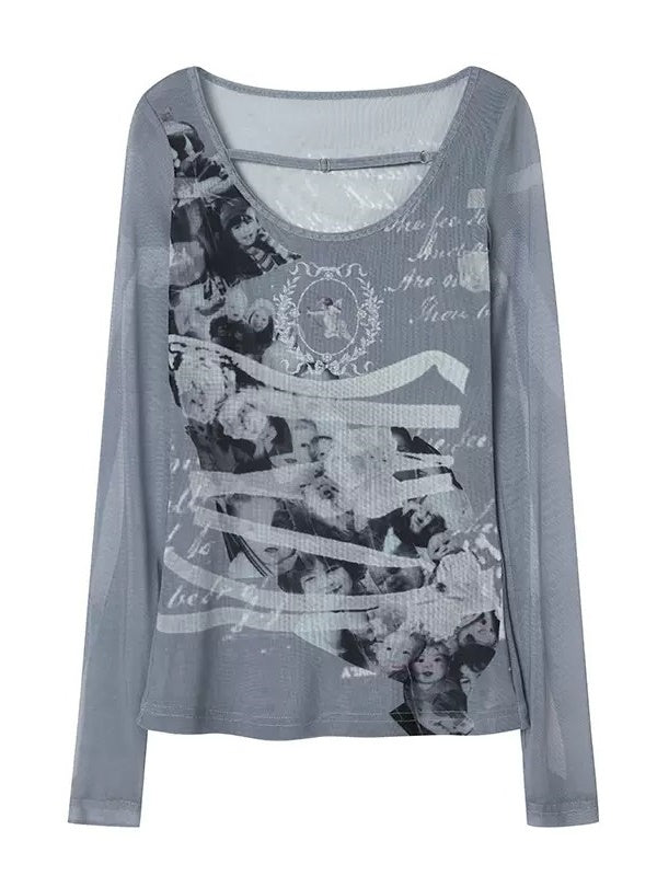 Cupid Printed Mesh Round Neck Bottoming Top