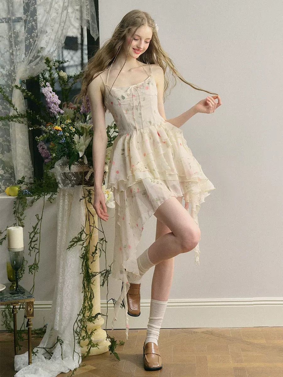 Rose Irregular Ruffle Suspender Dress