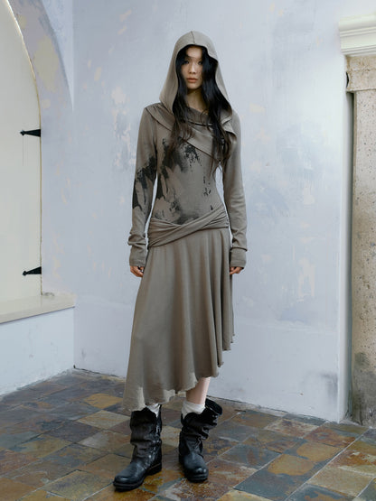 Wandering Style Pleated Slant Cut Hooded Dress