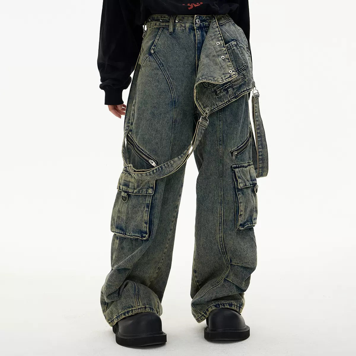 Retro Suspender Design Stitching Denim Pants