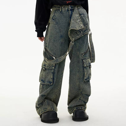 Retro Suspender Design Stitching Denim Pants