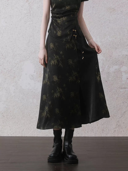 Chinese Style Bamboo Print Short Sleeve Shirt &amp; A-Line Skirt