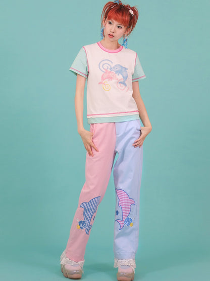 Kontrastfarbe Delphin Illustration kurzes T-Shirt