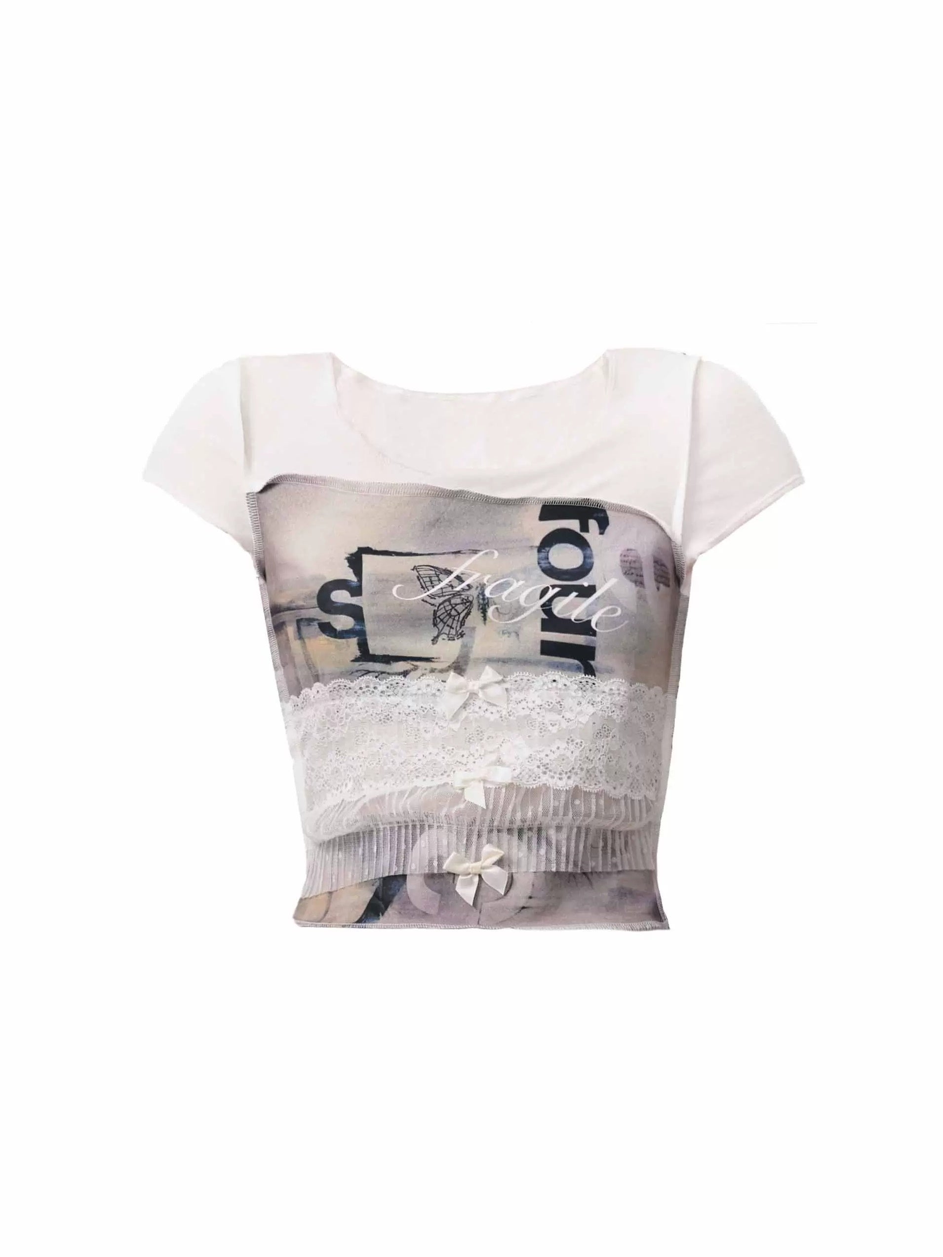 Printed Lace Stitching Bow Slim T-Shirt