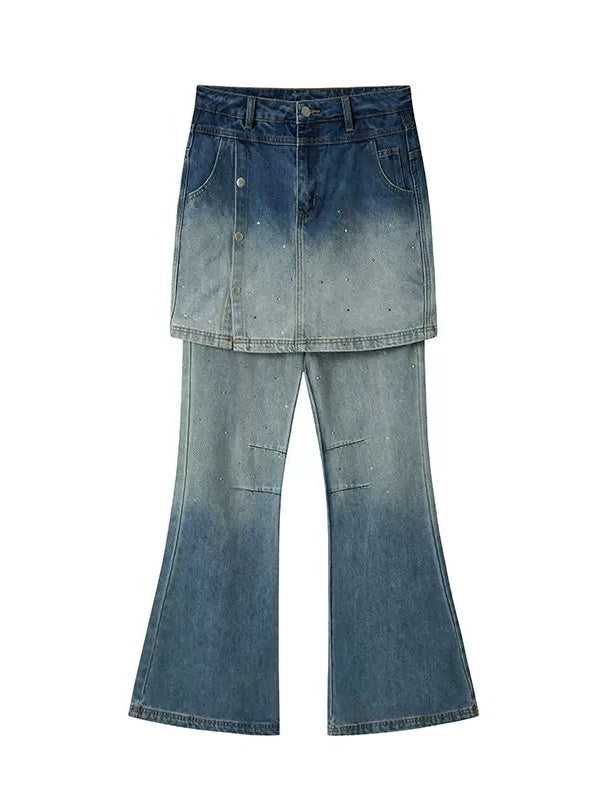 Fake Two-piece Gradation Wash Flared Denim Skirt Pants