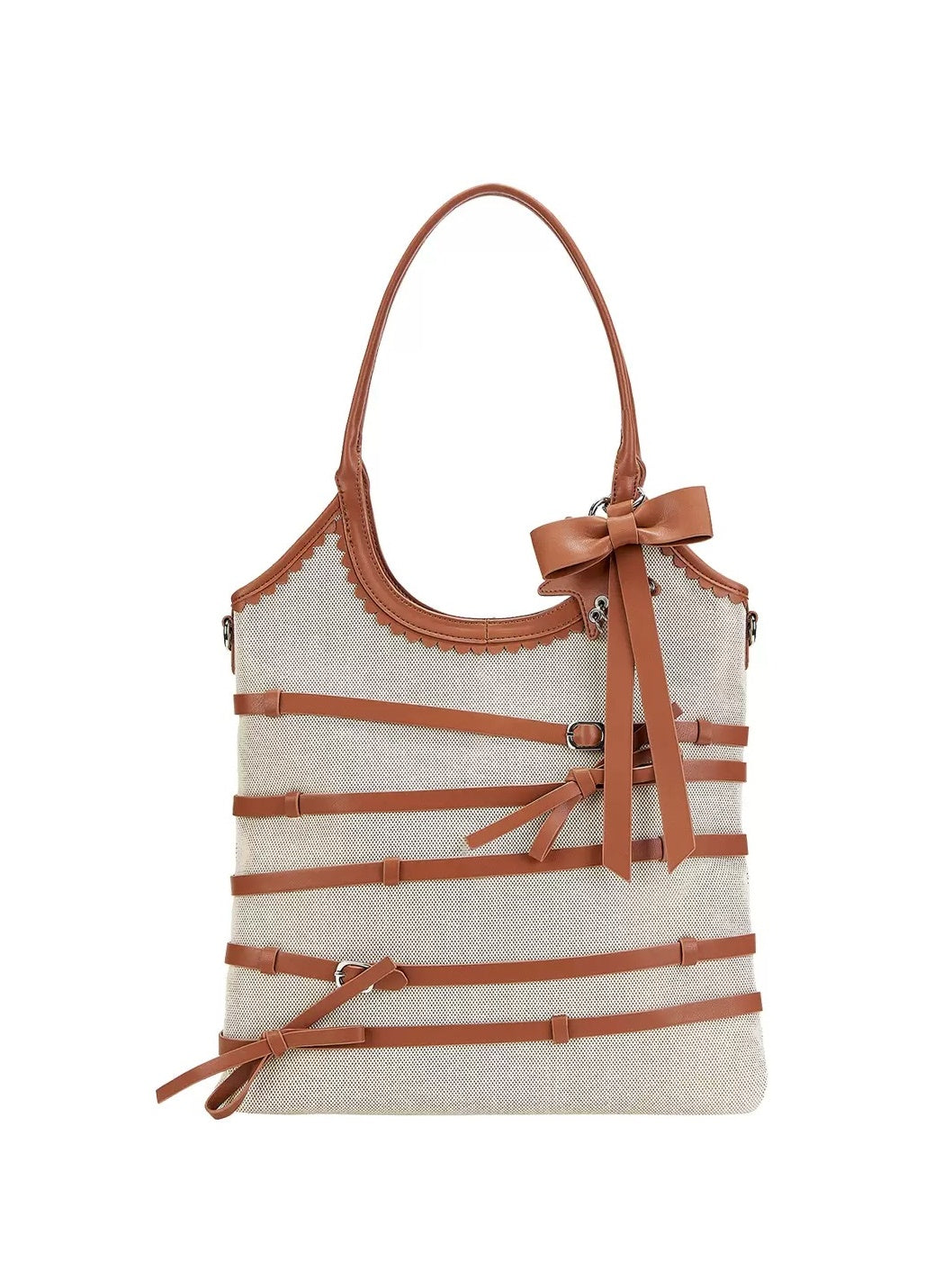 Bow Strap Woven Shoulder Bag