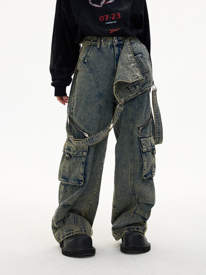 Detachable Suspender Washed Multi-pocket Cargo Jeans