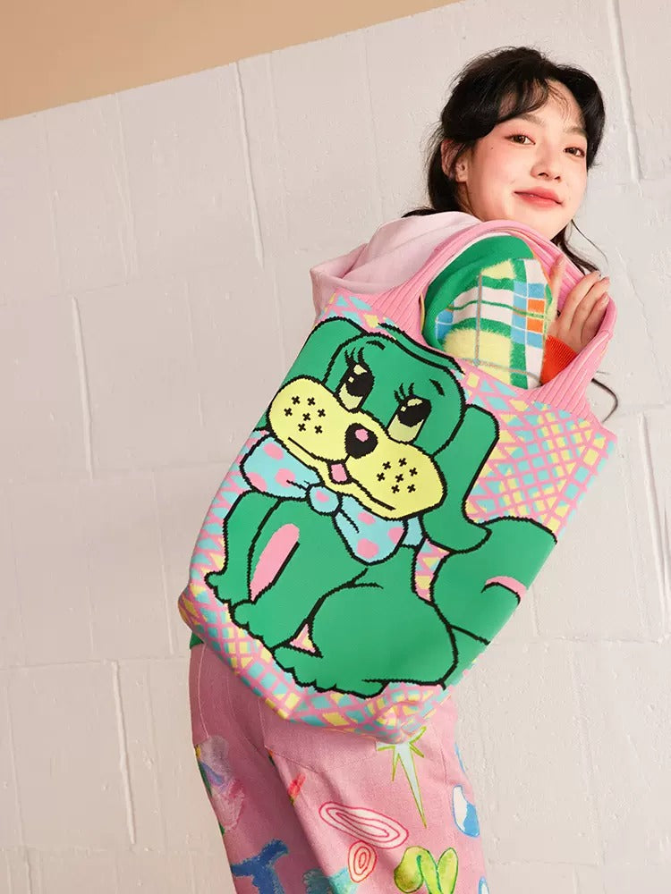 Cartoon Dog Knitted Large Casual Shoulder Bag