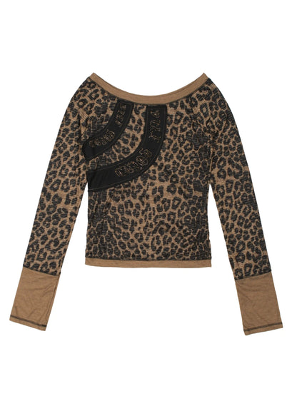 Leopard Print One-shoulder Slim Long-sleeved T-Shirt