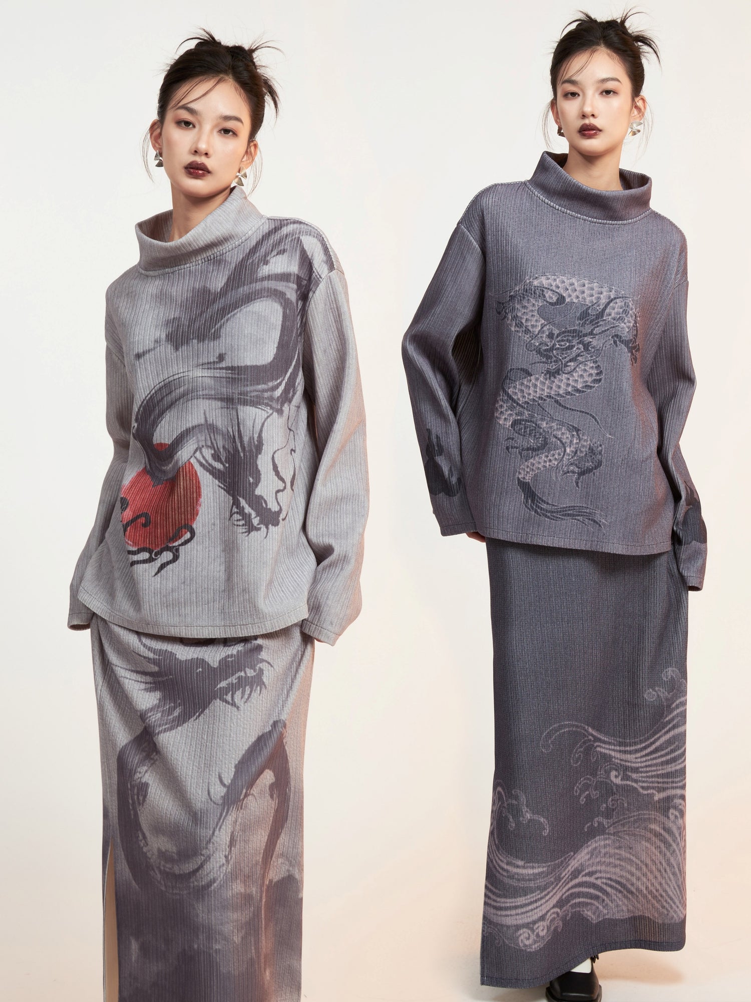 Dragon Printed Mock-Neck Cutsew ＆ Slit Box Skirt