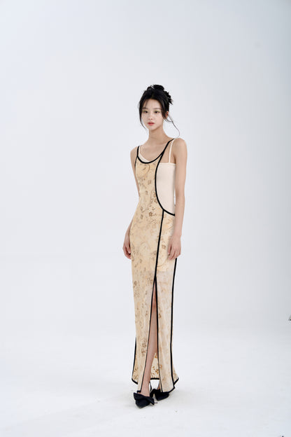 Flocking Burn Flower Elastic Slip Dress Set-up