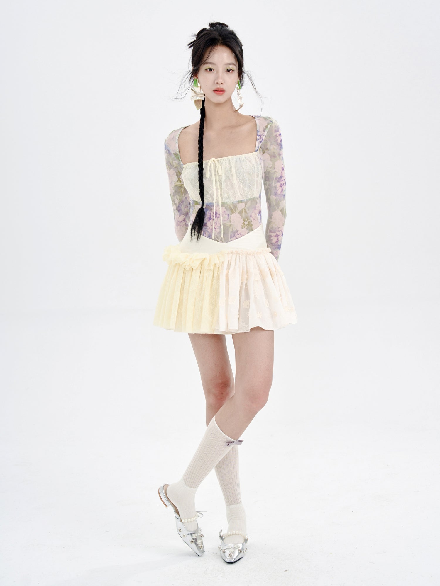 V-Waist Embroidered Lace Splicing Tutu Skirt