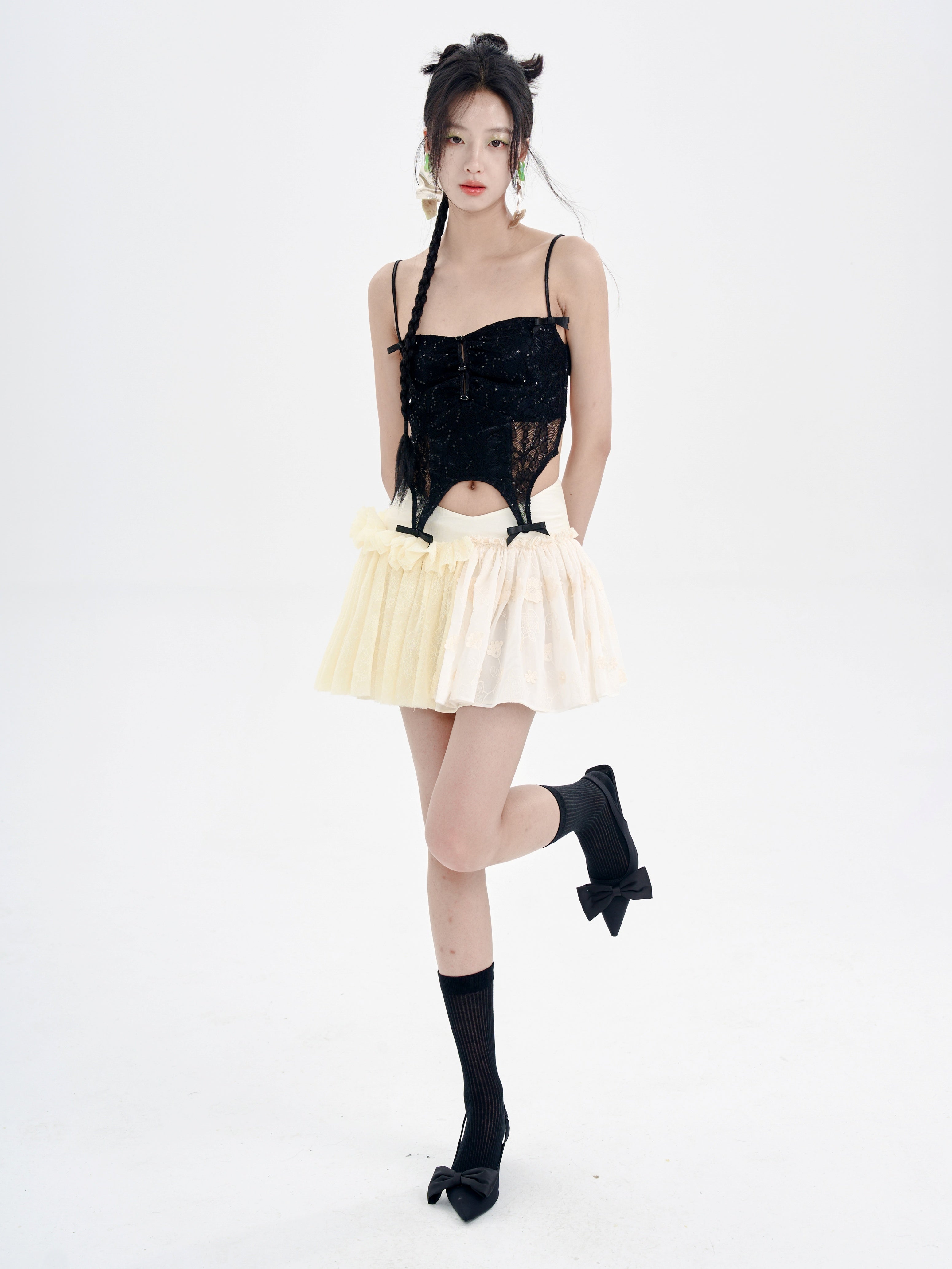 V-Waist Embroidered Lace Splicing Tutu Skirt