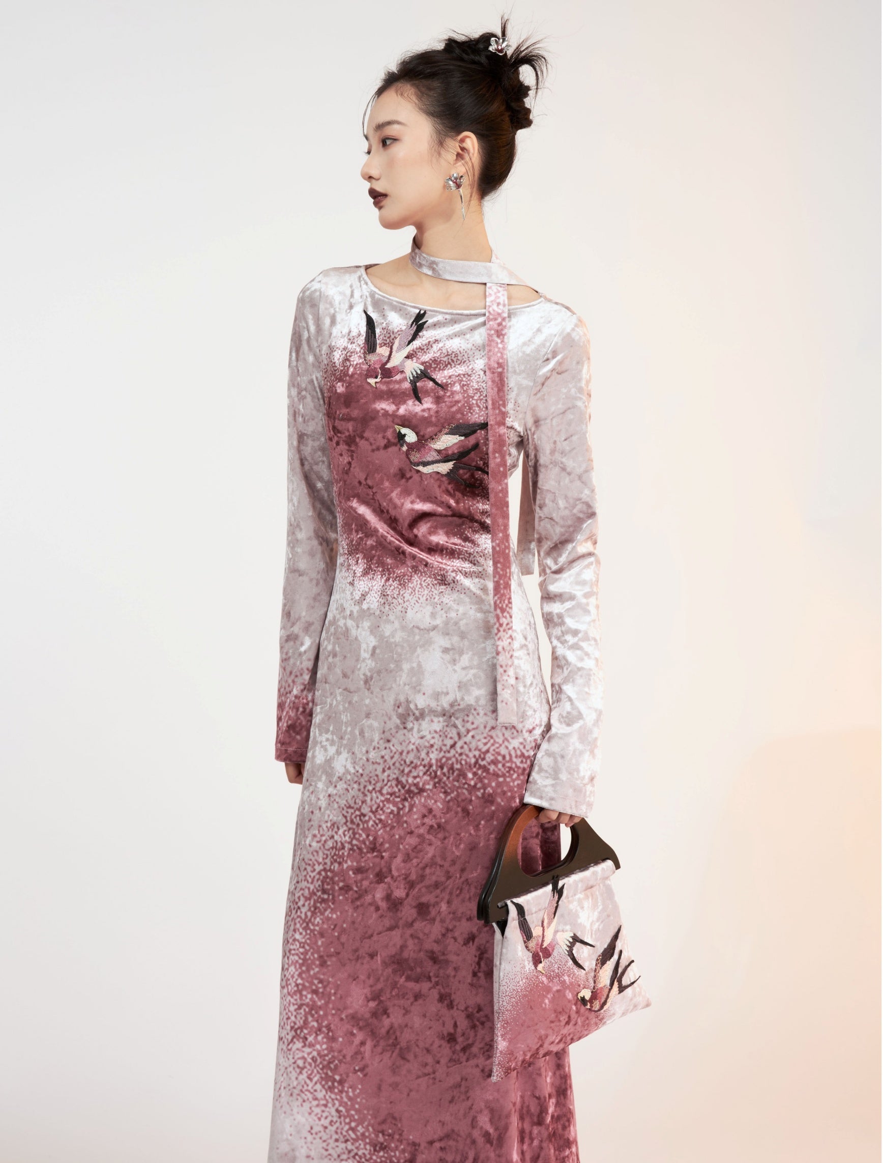 Fur Stitch Chinese Style Velvet Printing Long Dress