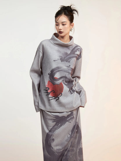 Dragon Printed Mock-Neck Cutsew ＆ Slit Box Skirt