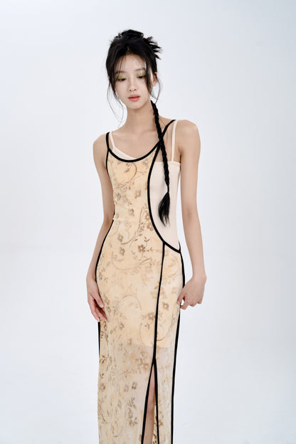 Flocking Burn Flower Elastic Slip Dress Set-up