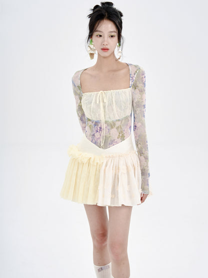 Floral Swan Neck Elastic Mesh Long Sleeve All-in-one