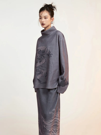 Dragon Printed Mock-Neck Cutsew ＆ Slit Box Skirt