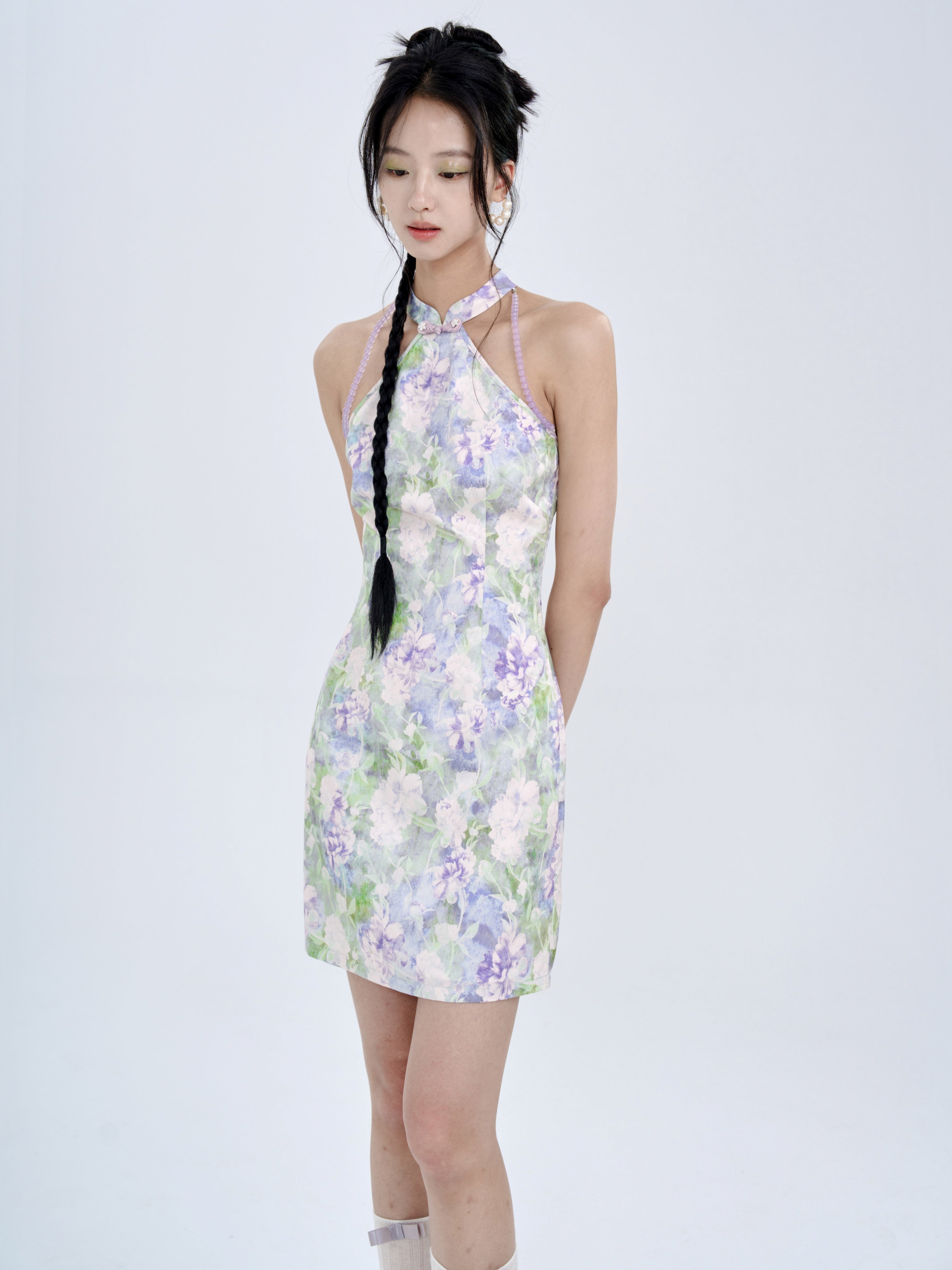 Chinese Jacquard Flower Slim American Sleeve Short Dress