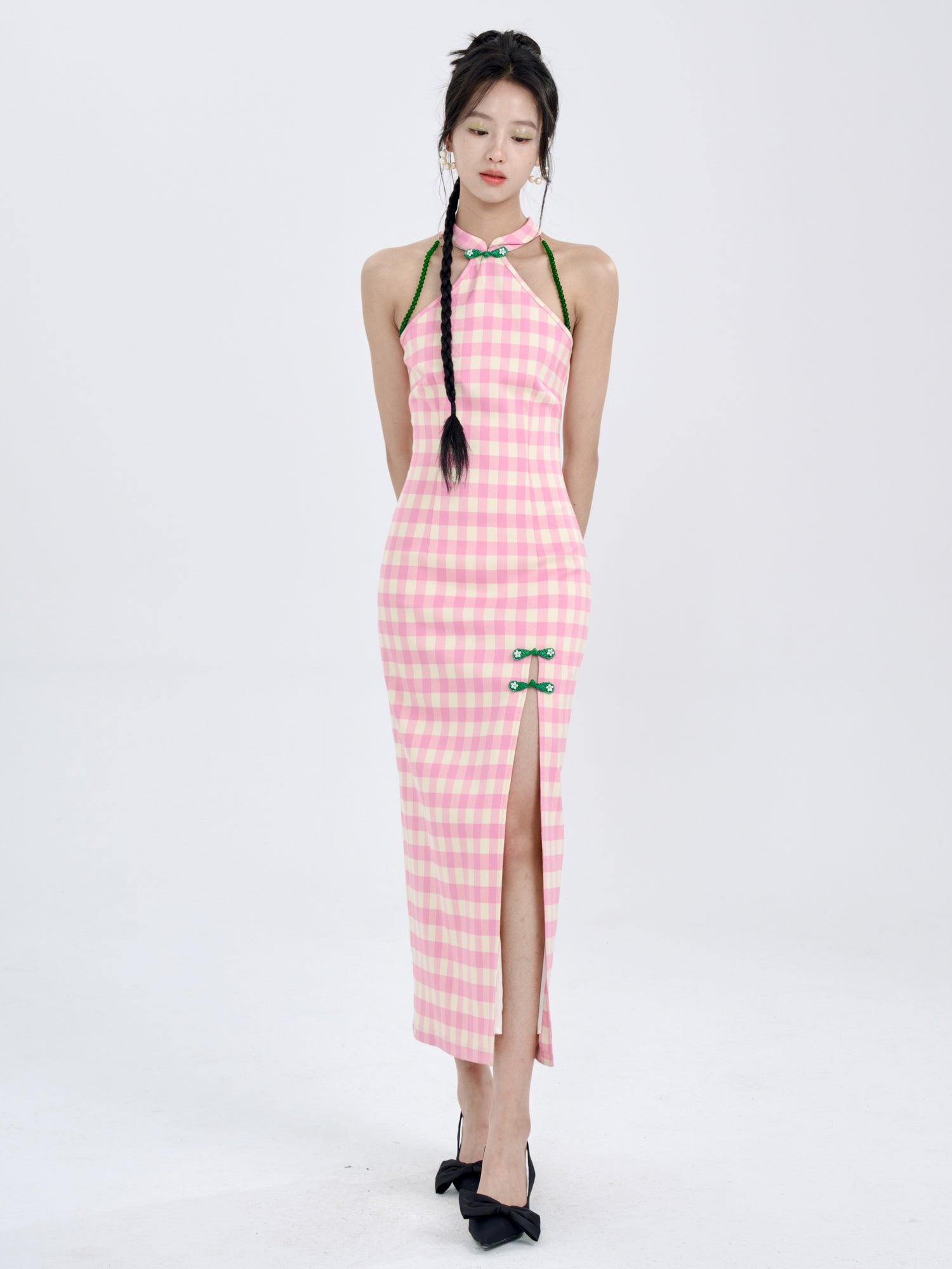 American Sleeve Plaid Chinese Style Slim Long Dress