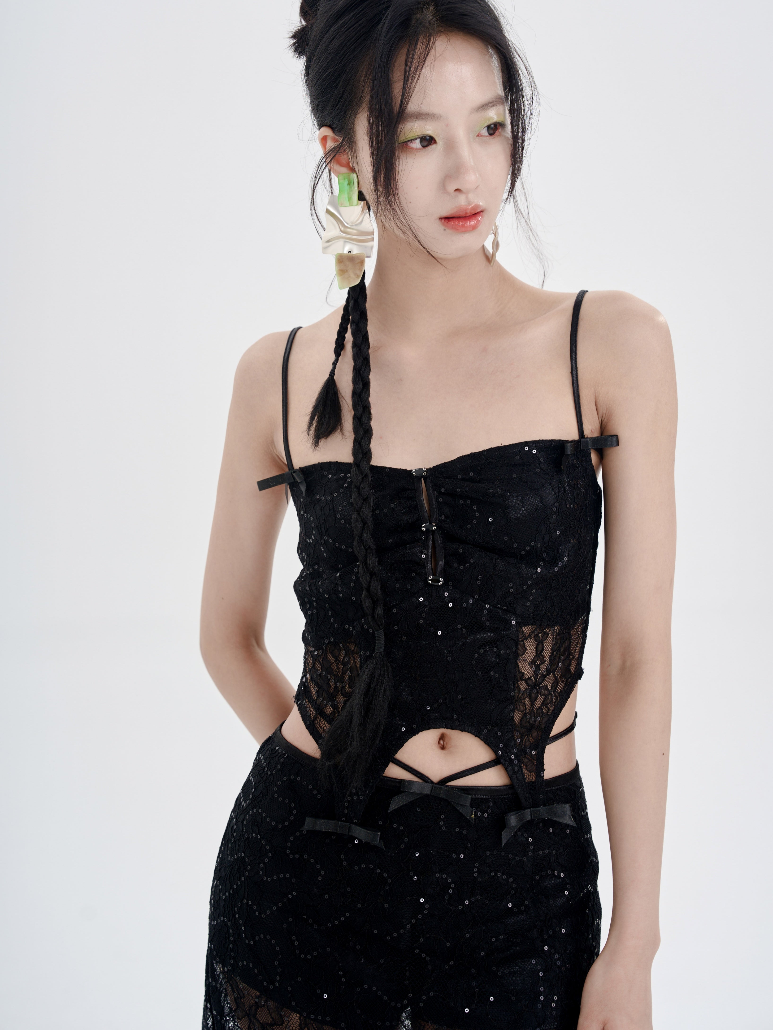 Lace Irregular Hem Camisole &amp; Low Waist Mid-Length Skirt