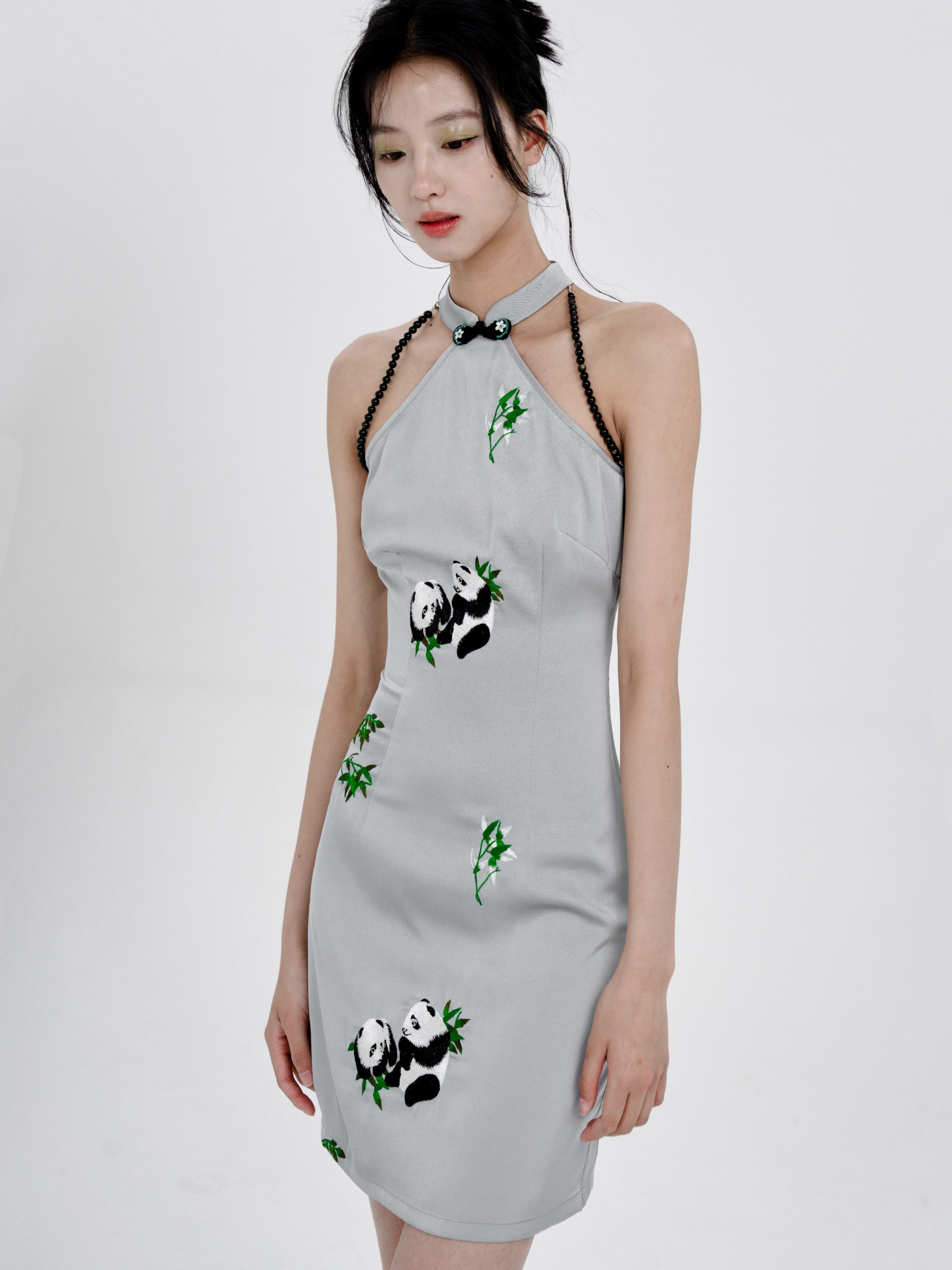 Chinese Style Panda Embroidery Slim American Sleeve Dress