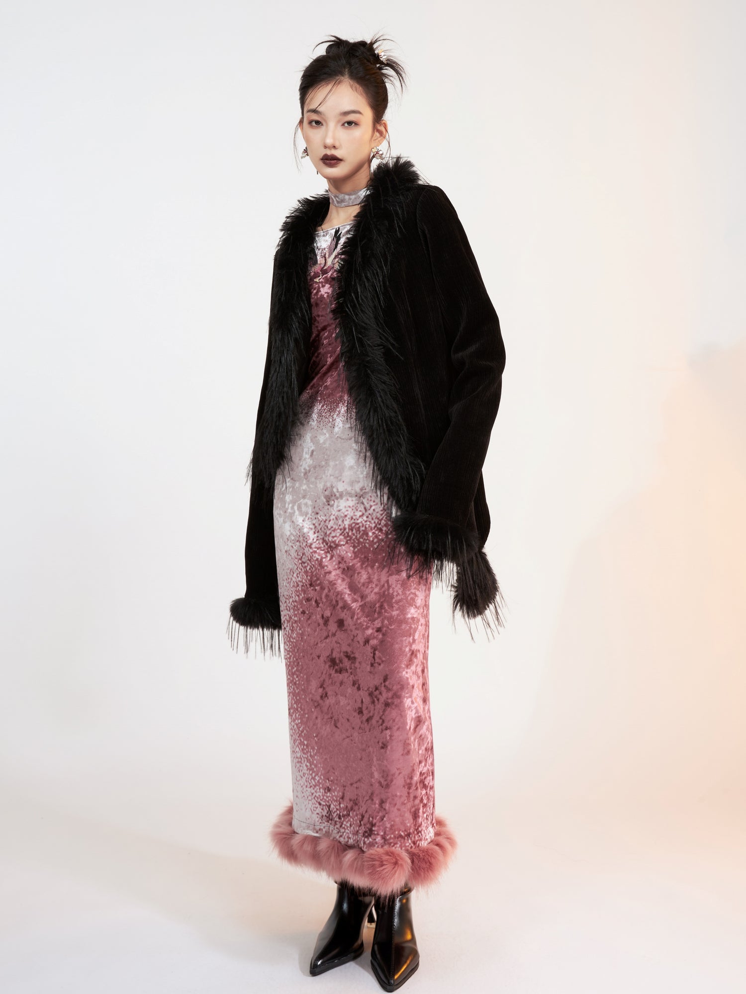 Fur Stitch Chinese Style Velvet Printing Long Dress