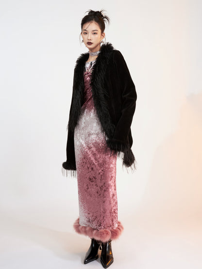 Fur Stitch Chinese Style Velvet Printing Long Dress