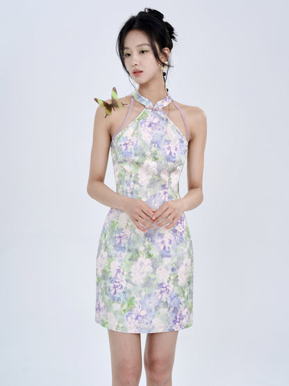 Chinese Jacquard Flower Slim American Sleeve Short Dress