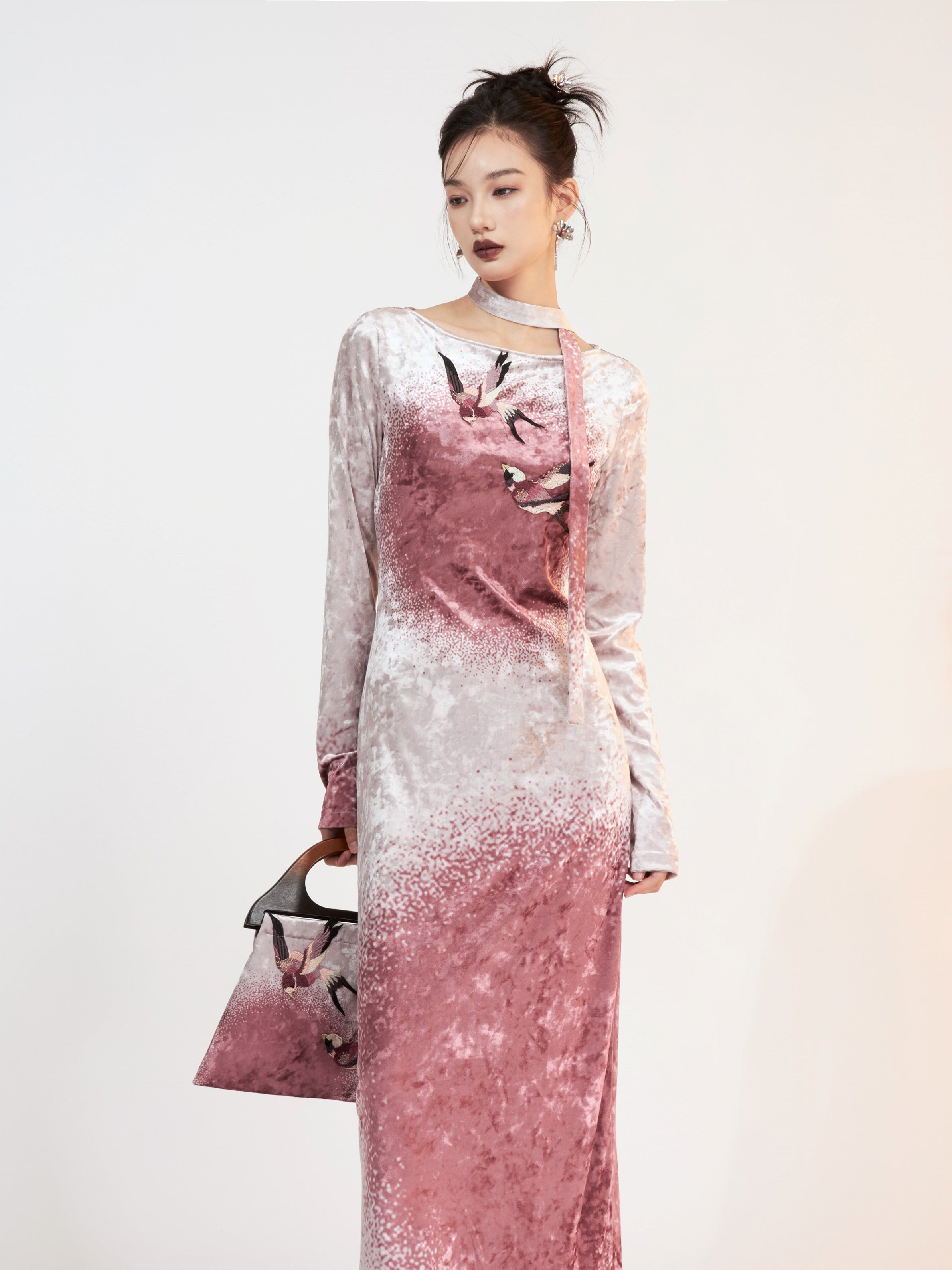 Fur Stitch Chinese Style Velvet Printing Long Dress