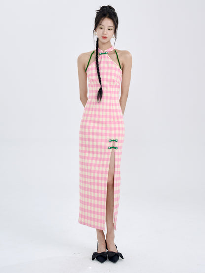 American Sleeve Plaid Chinese Style Slim Long Dress