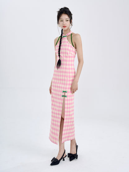 American Sleeve Plaid Chinese Style Slim Long Dress