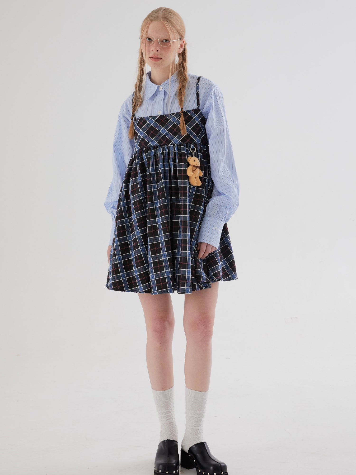 Plaid Suspender Puffy One-piece