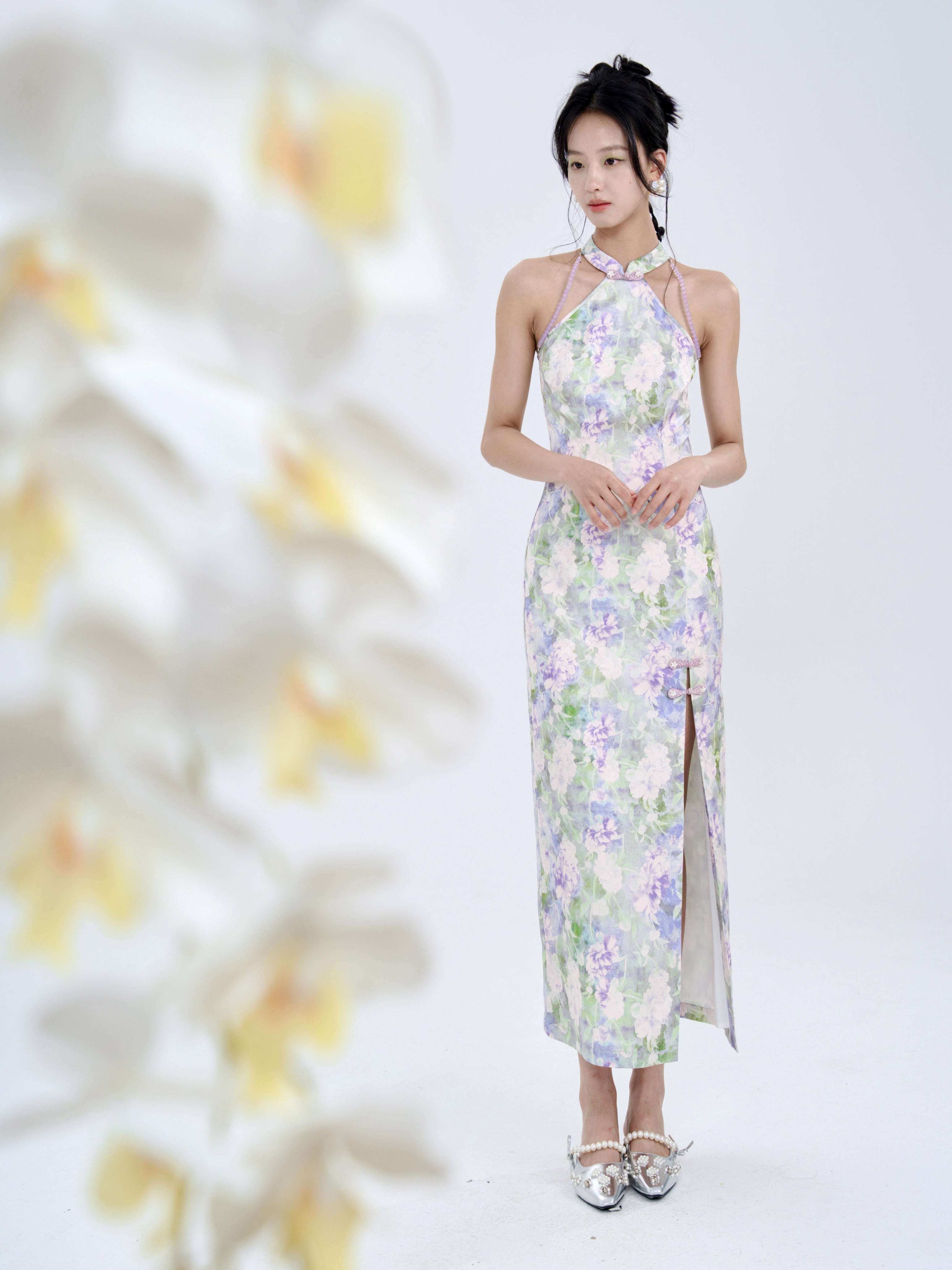 Floral Jacquard Slim American Sleeve Long Dress