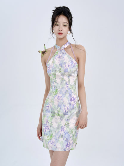 Chinese Jacquard Flower Slim American Sleeve Short Dress