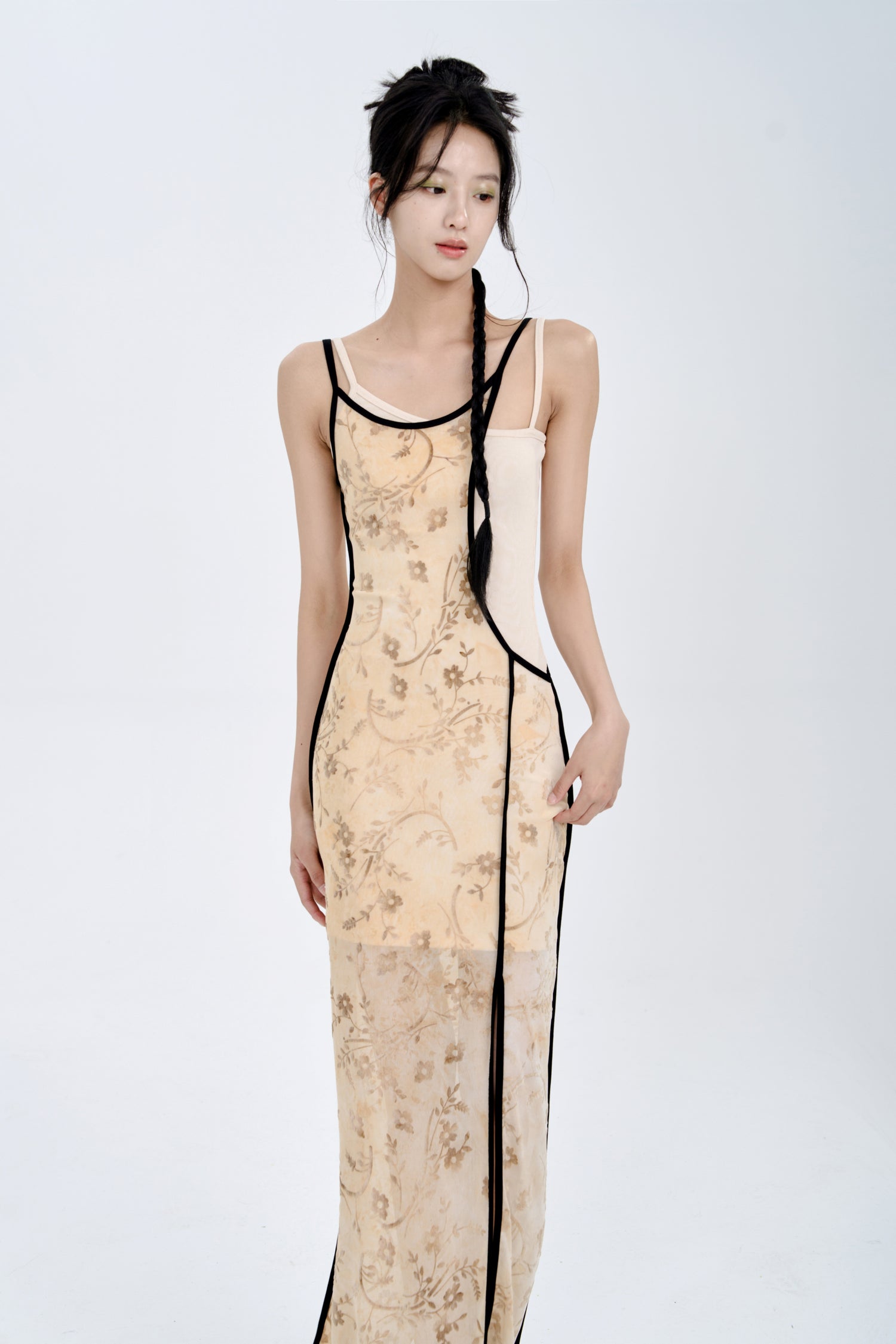 Flocking Burn Flower Elastic Slip Dress Set-up