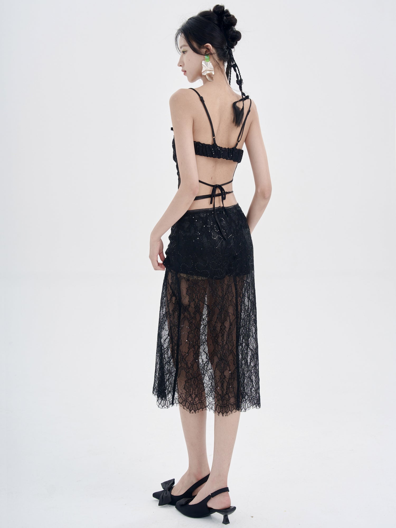 Lace Irregular Hem Camisole &amp; Low Waist Mid-Length Skirt