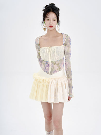 V-Waist Embroidered Lace Splicing Tutu Skirt