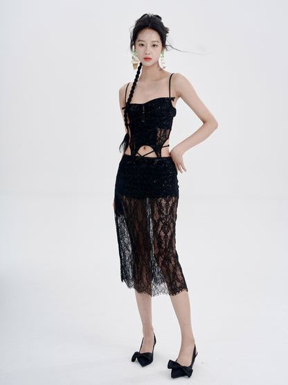 Lace Irregular Hem Camisole &amp; Low Waist Mid-Length Skirt