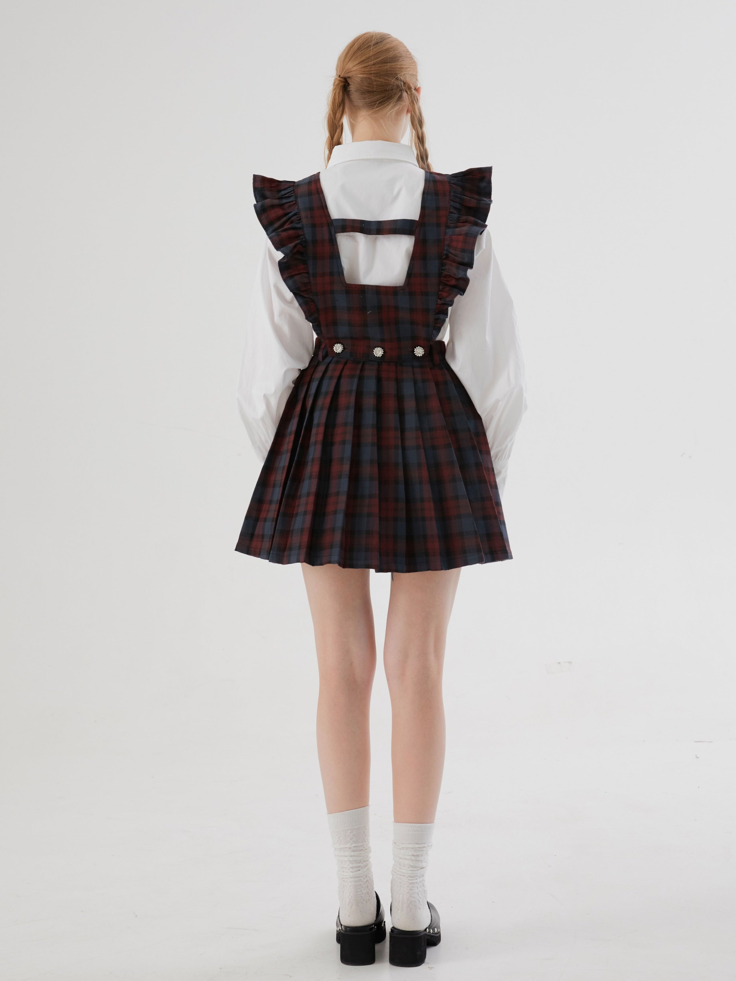 Plaid Flying Sleeves Detachable Pleated Two-Wear Skirt