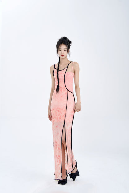 Flocking Burn Flower Elastic Slip Dress Set-up