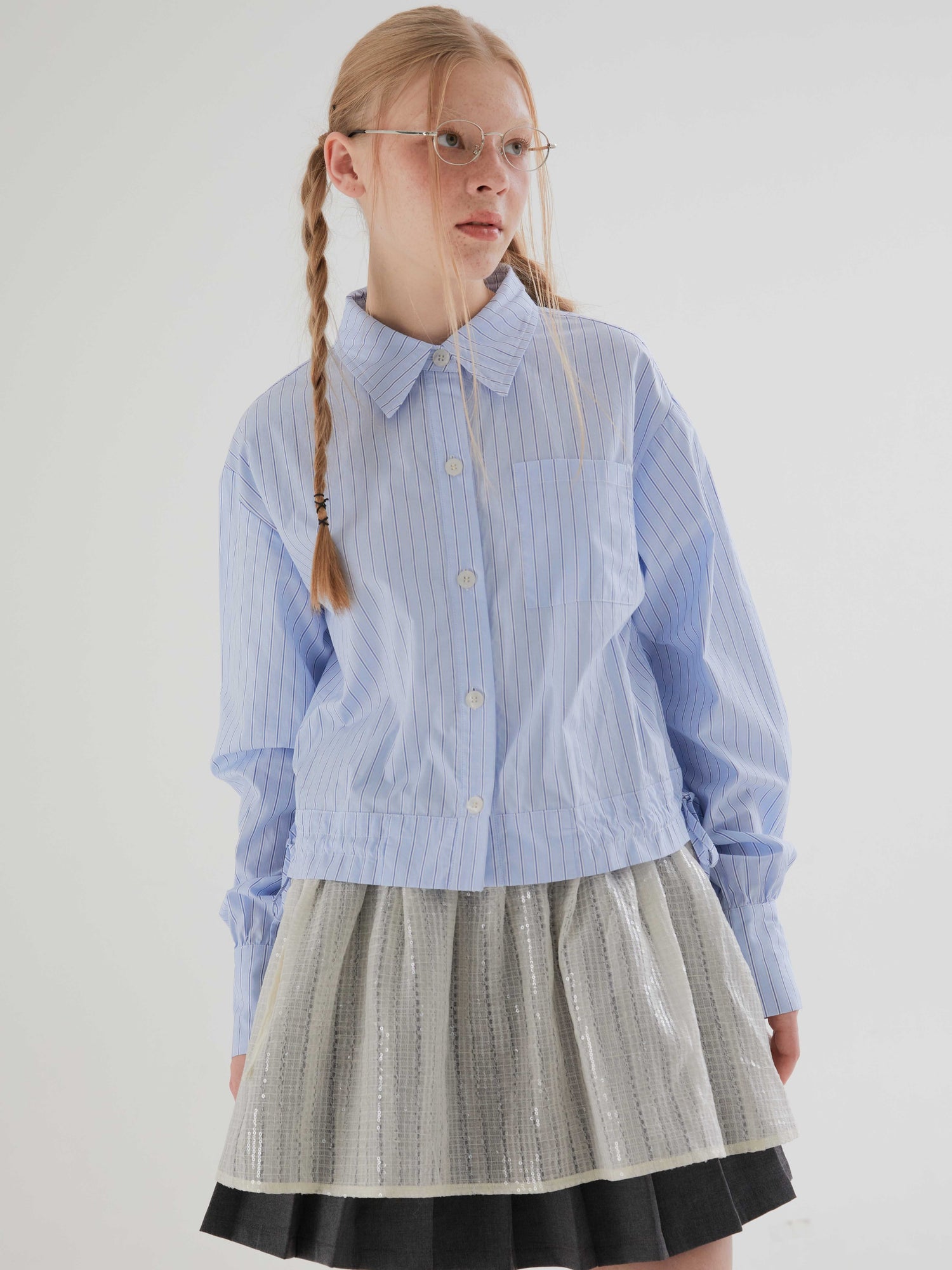 Drawstring Cropped Loose Stripe Long Sleeve Shirt