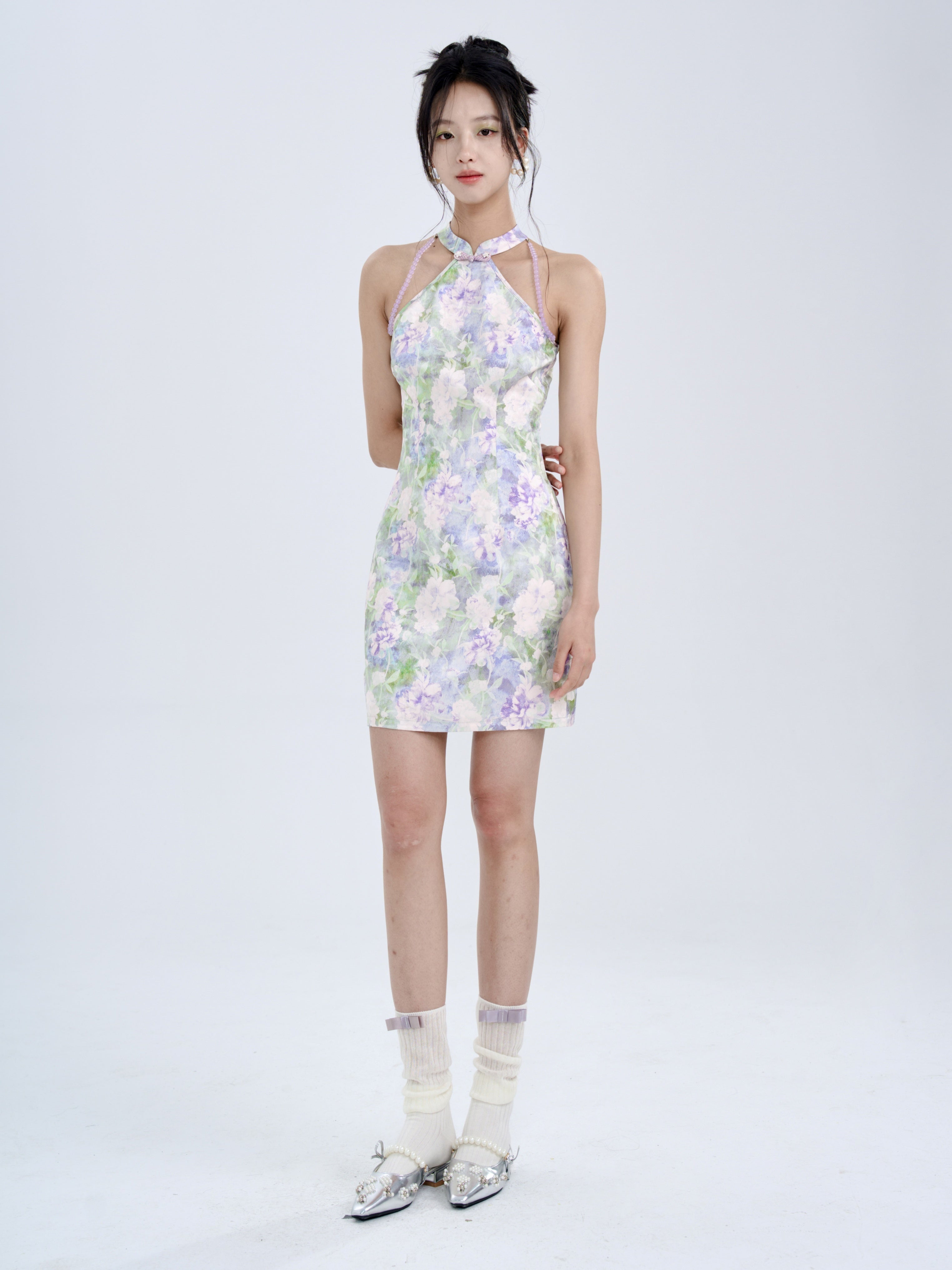 Chinese Jacquard Flower Slim American Sleeve Short Dress