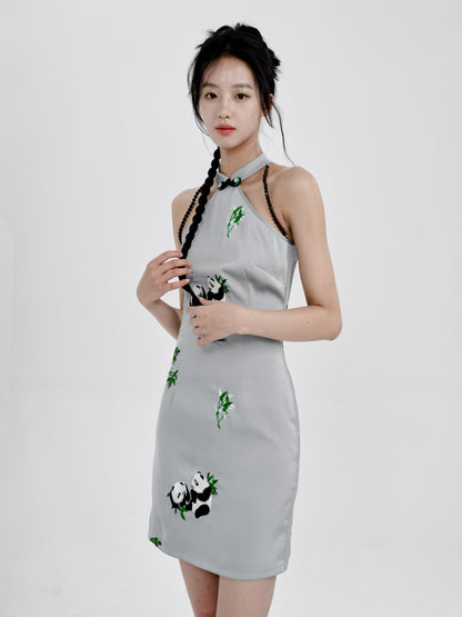 Chinese Style Panda Embroidery Slim American Sleeve Dress