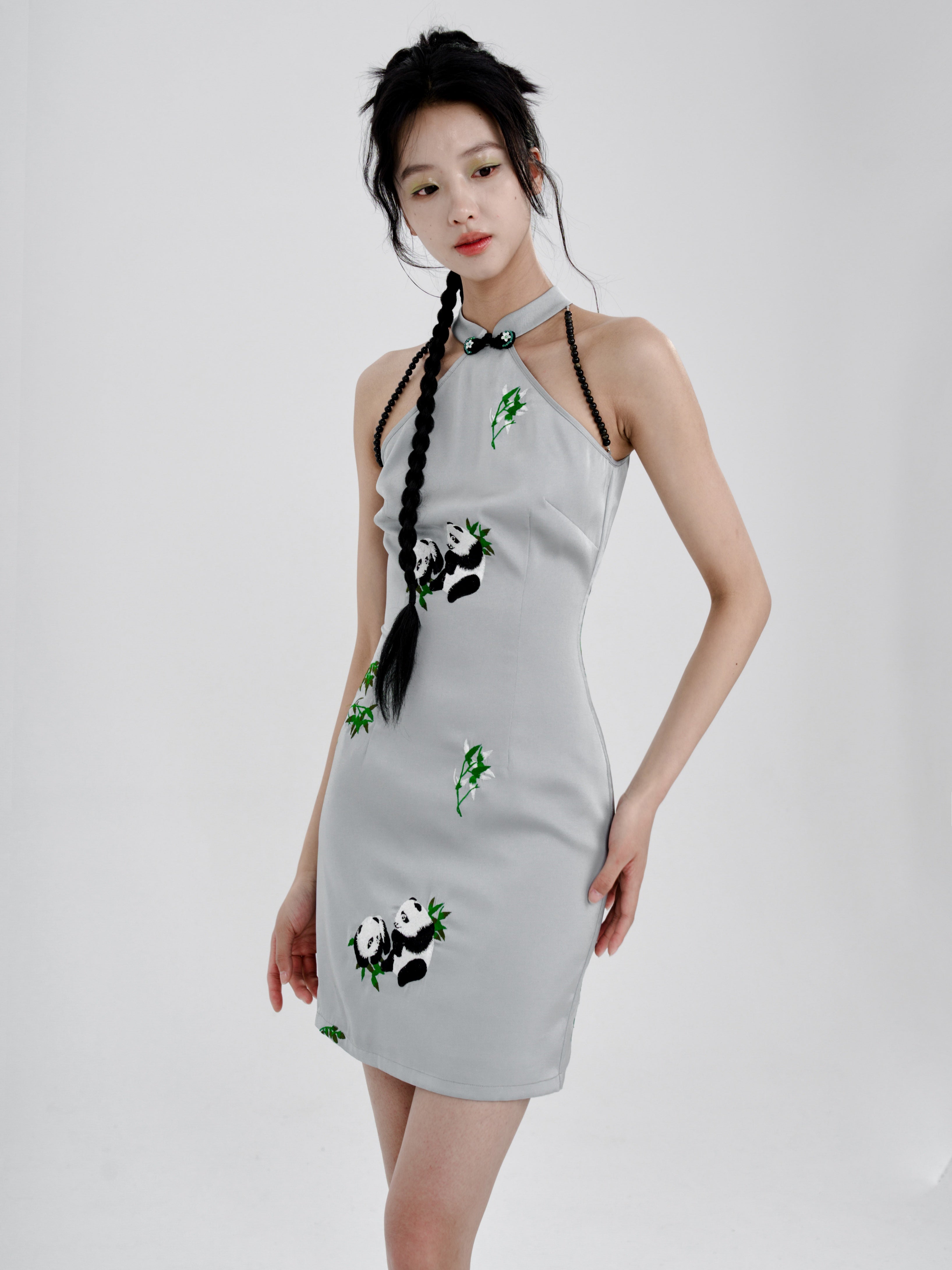 Chinese Style Panda Embroidery Slim American Sleeve Dress