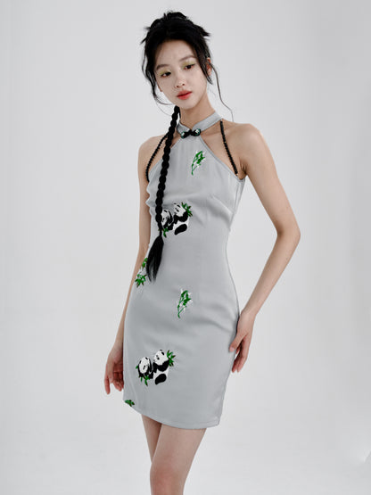 Chinese Style Panda Embroidery Slim American Sleeve Dress