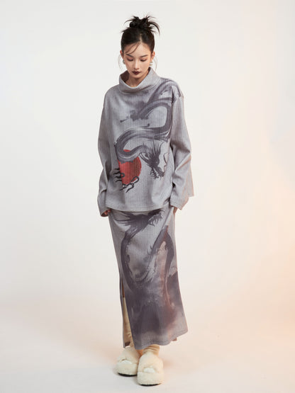 Dragon Printed Mock-Neck Cutsew ＆ Slit Box Skirt