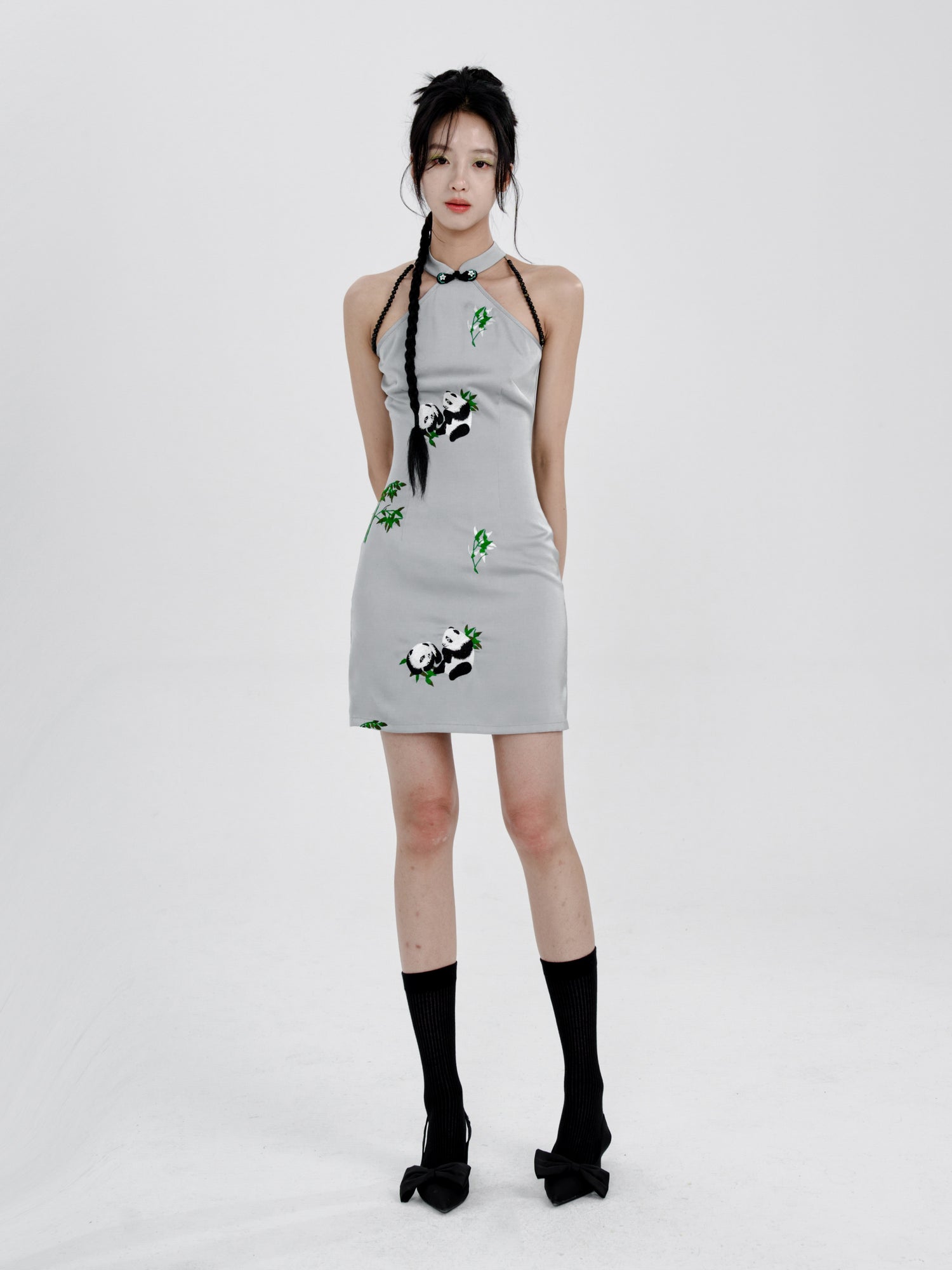 Chinese Style Panda Embroidery Slim American Sleeve Dress