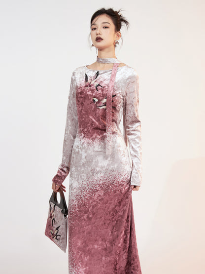 Fur Stitch Chinese Style Velvet Printing Long Dress